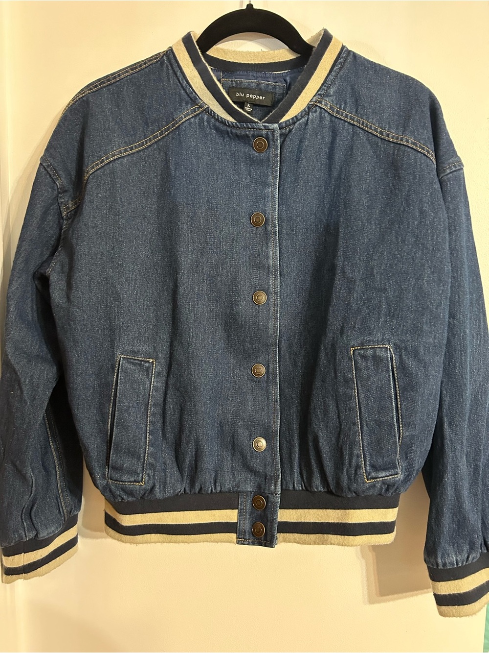 Blu Pepper Blue Denim Bomber Jacket with Striped Trim